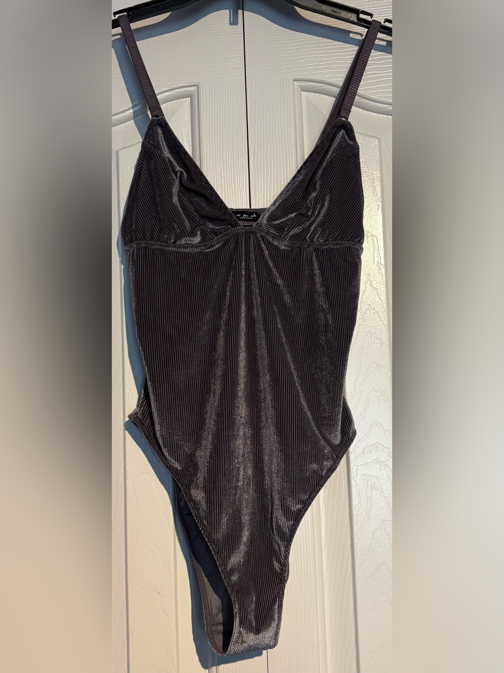Urban Outfitters Charcoal Gray Ribbed Velvet V‑Neck Bodysuit